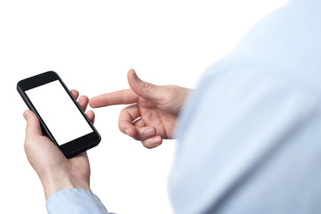 close-up hand touching smartphone screen isolated on white, mock up phone mobile blank screen easy adjustment with clipping path