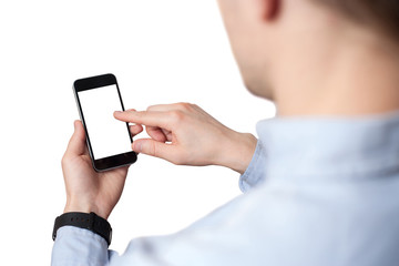 Hand holding and Touch on Black Smartphone with blank screen on white background