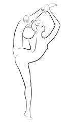 Silhouette of slender lady. The girl plays the ball. Female gymnast. Graphic image. Vector illustration
