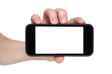 Hand holding mobile smart phone with blank screen. Isolated on white.
