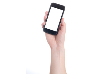 Hand holding black Smartphone with blank screen on white backgroun.