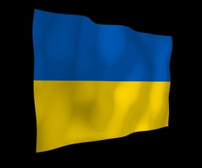 The flag of Ukraine on a dark background. National flag and state ensign. Blue and yellow bicolour. 3D illustration waving flag