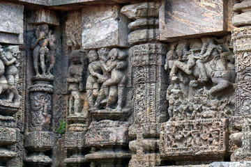 Konark Sun Temple in Odisha, India. Erotism and origin of kamasutra in Indian sculpture. Erotic sculpture of Konark temple. Konark Sun Temple is a 13th-century CE sun temple at Konark.