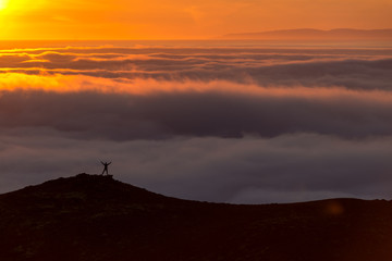Silhouette of a man on the ridge above the sea of clouds, misty mountains at sunset in Iceland