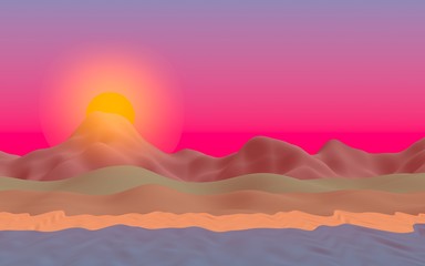 Sun Sea Beach. Sunrise. Ocean shore line with waves on a beach. Island beach paradise with waves. Vacation, summer, relaxation. Seascape, seashore. Minimalist landscape, primitivism. 3D illustration