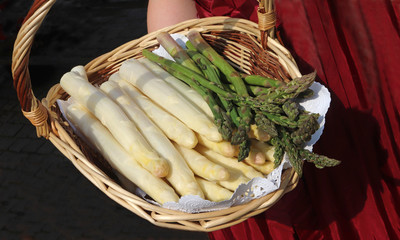 basket with white and green asparagus, presented by a young woman