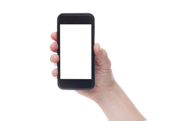 Hand holding black Smartphone with blank screen on white backgroun.