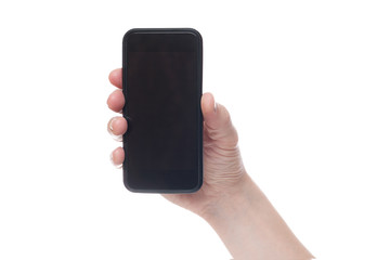 Hand holding black Smartphone with blank screen on white backgroun.