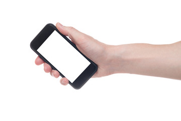 Hand holding black Smartphone with blank screen on white backgroun.