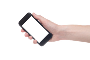 Hand holding black Smartphone with blank screen on white backgroun.