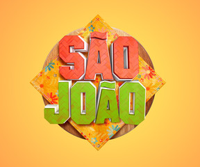 Festa Junina com bandeiras de fundo para varejo. Selo promocional 3d Brasil para festa de junho de cartão ou cartaz para  férias.  Selo São João e arraiá. Tipografia festiva