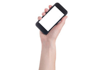 Hand holding black Smartphone with blank screen on white backgroun.