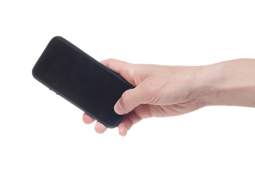 Hand holding black Smartphone with blank screen on white backgroun.