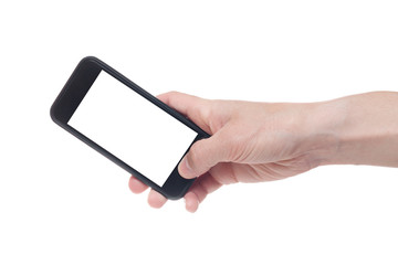 Hand holding black Smartphone with blank screen on white backgroun.