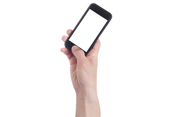 Hand holding black Smartphone with blank screen on white backgroun.