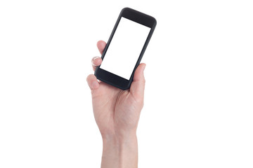 Hand holding black Smartphone with blank screen on white backgroun.