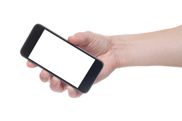 Hand holding black Smartphone with blank screen on white backgroun.
