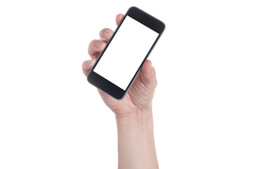Hand holding black Smartphone with blank screen on white backgroun.