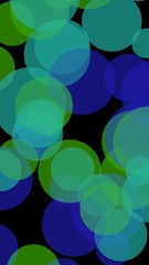 Multicolored translucent circles on a dark background. Green tones. 3D illustration