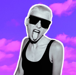  Emotional playful girl short blonde haircut and stylish look. Urban street swag  party concept....