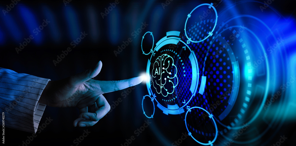 Poster business hand using digital artificial intelligence interface new modern computer.