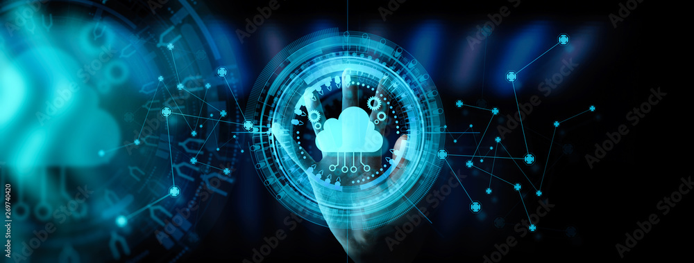 Leinwandbilder Hand pushing icon Ui of Cloud Computing Technology Internet Storage Network Concept