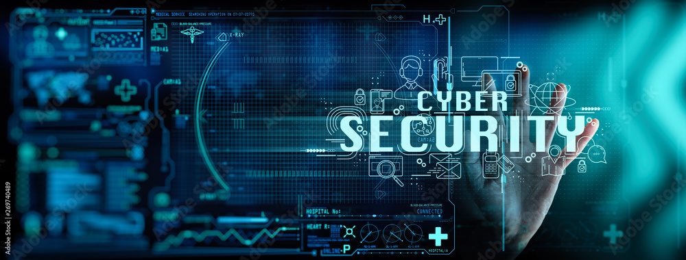 Poster business hand working with Data protection Cyber Security Privacy Business Internet Technology Ui.