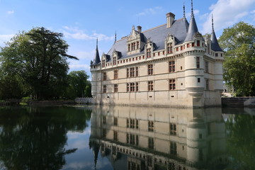 Fototapeta na wymiar Châteaux de la Loire, château d’Azay-le-Rideau et son reflet dans l'eau, avec des arbres (France)