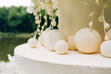 luxury wedding cake. Marzipan flowers. multi-tiered dessert.