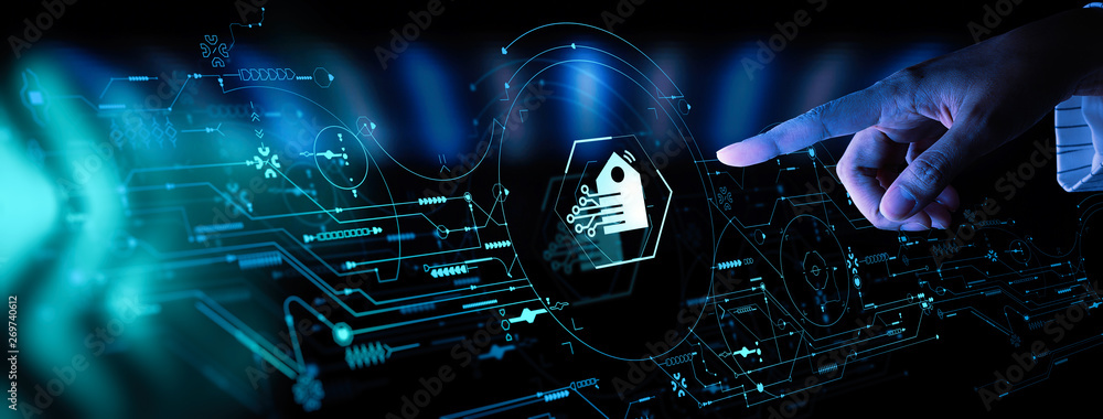 Poster Hand pushing Smart home Automation Control System Ui with Innovation technology internet Network Concept.