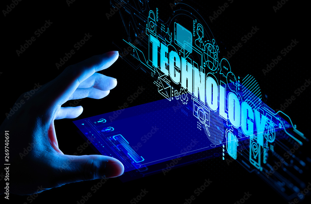 Poster business hand touching the future of UI all technology and virtual screen smart phone concept.data science trend.