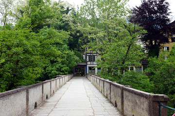 Roman historical bridge over the river Passer, Merano, Italy