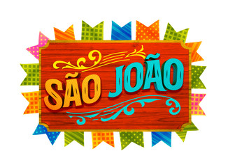 Festa Junina com bandeiras de fundo para varejo. Selo promocional 3d Brasil para festa de junho de cartão ou cartaz para  férias.  Selo São João e arraiá. Tipografia festiva