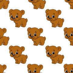 Happy bear. Colored seamless pattern with cute cartoon character. Simple flat vector illustration isolated on white background. Design wallpaper, fabric, wrapping paper, covers, websites.