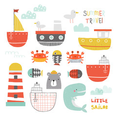Cute nautical collection of water transport and sea animals. Kids nordic graphic. Vector hand drawn illustration.