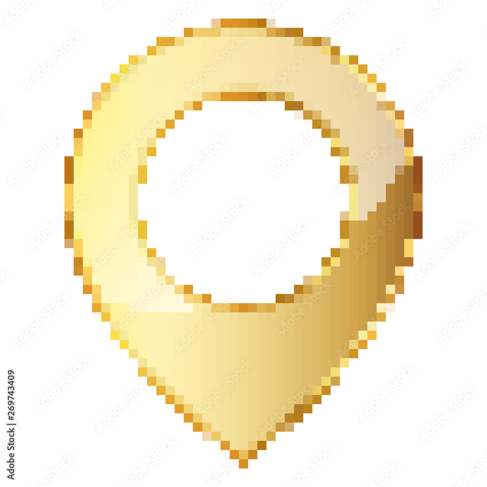 Poster gold map pointer in pixel art design. vector illustration.