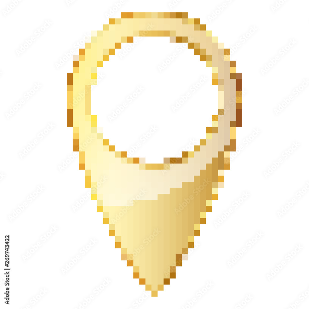 Poster gold map pointer in pixel art design. vector illustration.