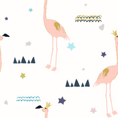 Abstract seamless pattern with colorful stars and flamingo. Kids print for fabric, wrapping. Vector illustration