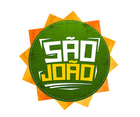 Festa Junina com bandeiras de fundo para varejo. Selo promocional 3d Brasil para festa de junho de cartão ou cartaz para férias. Selo São João e arraiá. Tipografia festiva