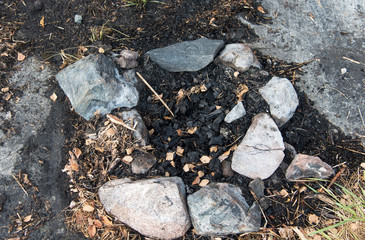 Place for a fire on stony ground. Embers from the fire, lined with stones to limit the paths of...