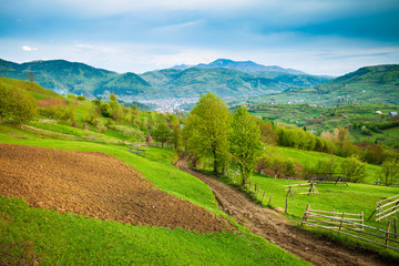 Beautiful simple landscape with plowed area in rural Romania
