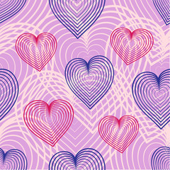 Fototapeta na wymiar Simple vector seamless background with linear hearts different sizes and colors. Line art design. Symbols of love in shape of heart for Happy Women s, Mother s, Valentine s Day, birthday greeting card
