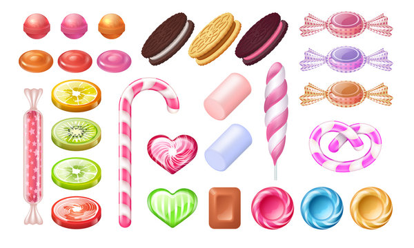Candies and lollipops. Sweet jelly chocolate peppermint candies dessert and cookies. Vector realistic set of delicious gummy toffee holiday desserts