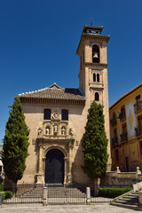 Fototapeta na wymiar Catholic church of Saint Gil and St Anne with converted minaret to bell tower in Granada Andalusia