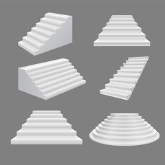 Building stairs illustration. 3D scala illustration white modern staircase on top floor. Vector decoration ladder set