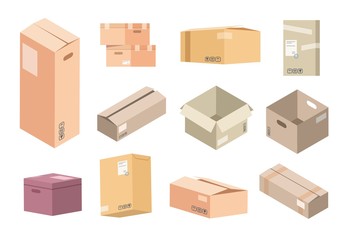 Flat cardboard boxes. Carton parcels delivery, open and closed isolated isometric packages, warehouse packs and goods. Vector packing kit cargo