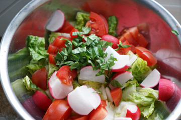 Salad on a tray served in hospital in Germany