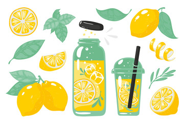 Hand drawn yellow lemon. Summer cold lemonade with slices of lemon bottle glass and straw. Vector doodle set of lemons slice - obrazy, fototapety, plakaty