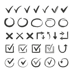 Hand drawn check signs. Doodle v mark for list items, checkbox chalk icons and sketch checkmarks. Vector checklist marks icon set