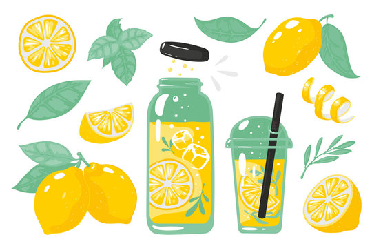 Hand drawn yellow lemon. Summer cold lemonade with slices of lemon bottle glass and straw. Vector doodle set of lemons slice
